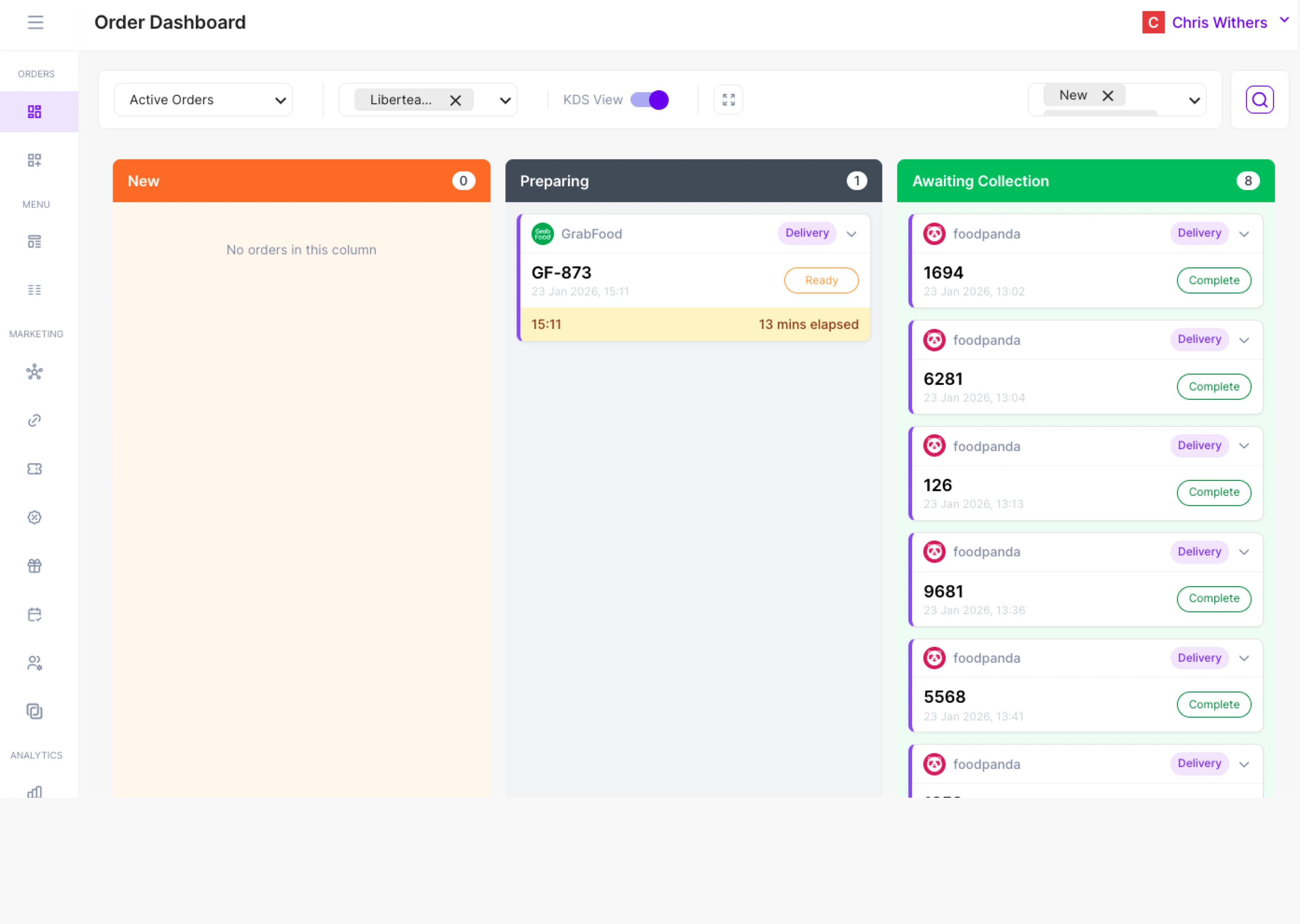 KDS dashboard