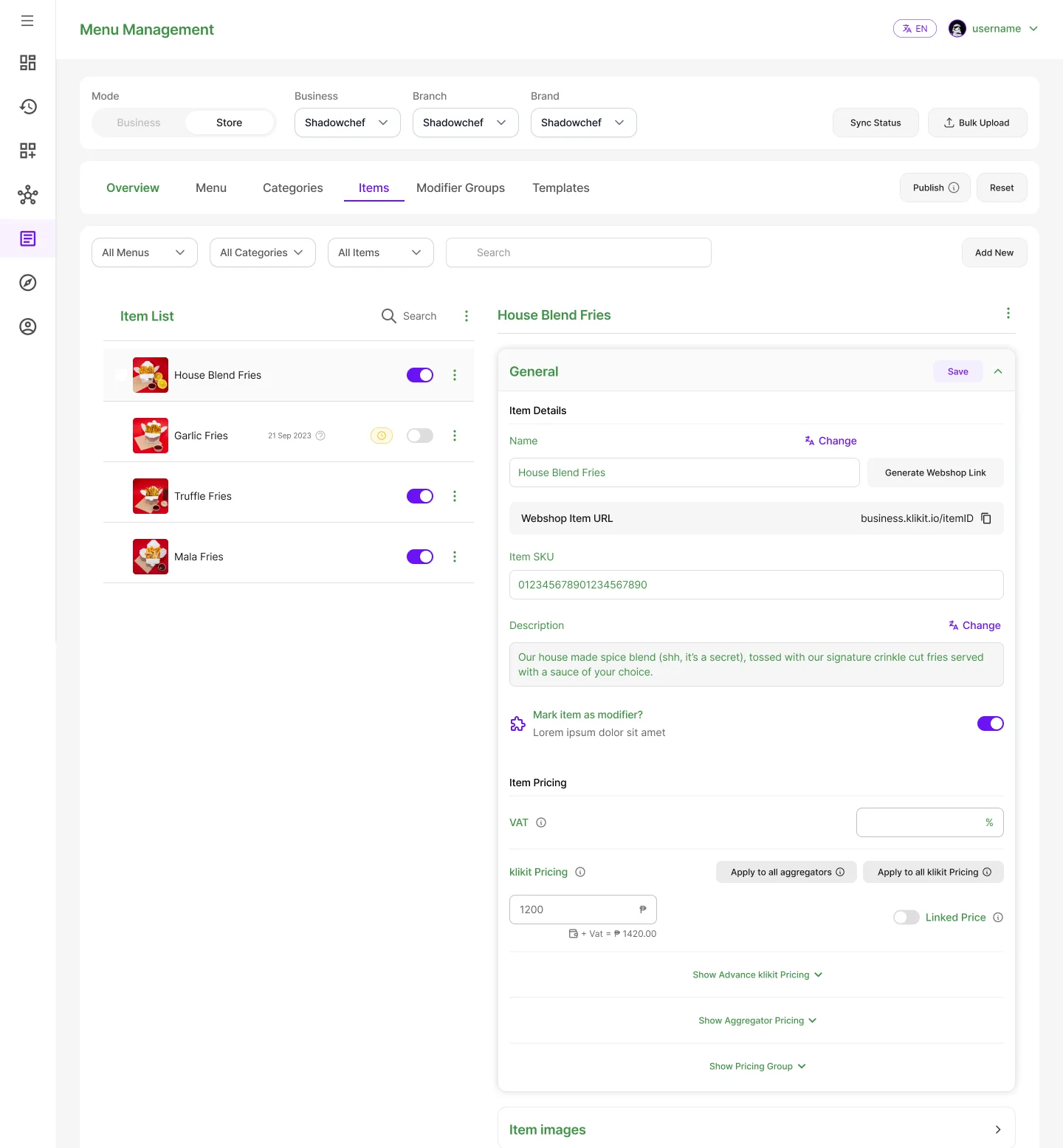 Menu Management dashboard